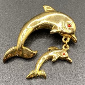 Gold Tone Dolphin With Baby Charm Brooch Pin Dangle Rhinestone